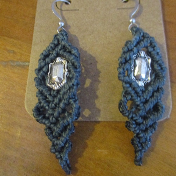 Macrame Earrings with Silver-Tone Beads - Picture 1 of 1